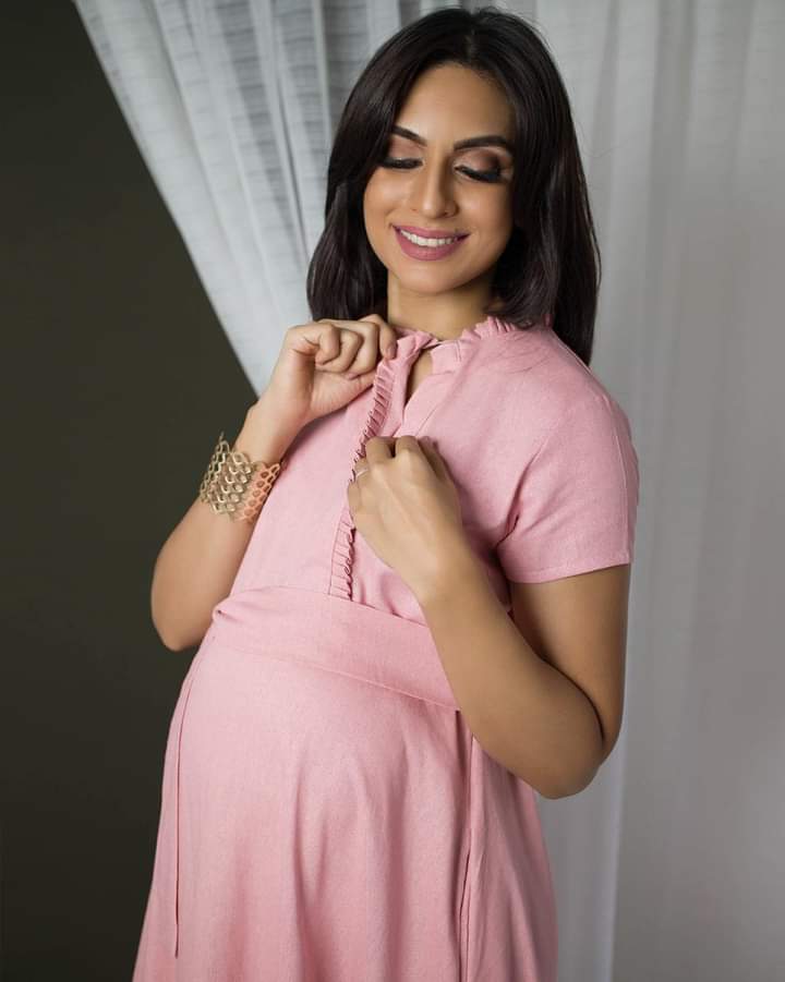 Maternity Frock | Maternity Midi Dress | Pocketed Nursing | Bright & Strong Me! | Pink | Burgundy