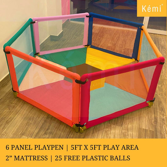 Kemi 6 Panel Baby Playpen with 2 inch Mattress | Sturdy Frame | 24" (H) x 36" (L) | Export Quality