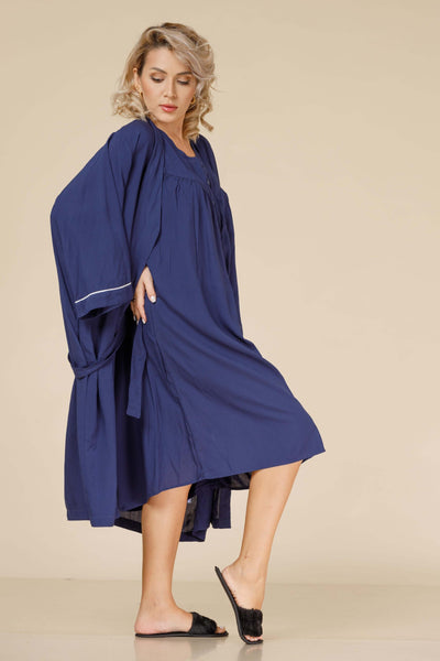 FRONTOPEN COTTON NIGHTDRESS IN NAVY BLUE