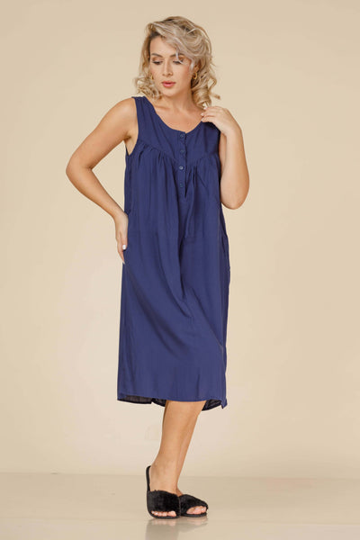 FRONTOPEN COTTON NIGHTDRESS IN NAVY BLUE