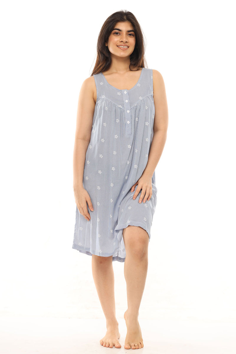 FRONTOPEN COTTON NIGHTDRESS IN BLUE PRINT