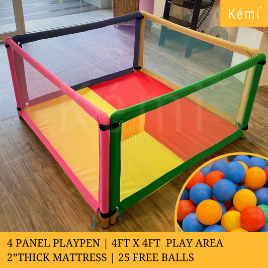 Kemi 4 Panel Baby Playpen with 2 inch Mattress | Sturdy Frame | 24" (H) x 48" (L)