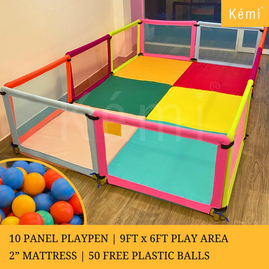 Kemi 10 Panel Baby Playpen with 2 inch Mattress | Sturdy Frame  | Baby Safety First |  High Quality